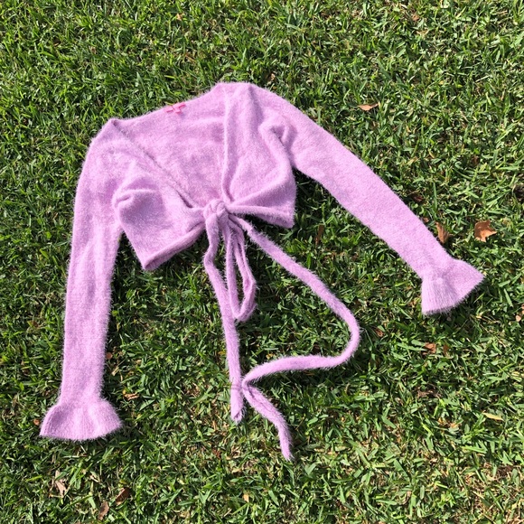 Sugar Thrillz Tops - NWOT Sugar Thrillz pink fuzzy crop tie front sweater blouse top